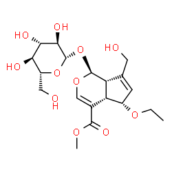 ChemSpider 2D Image | Methyl (1S,4aS,5S,7aS)-5-ethoxy-1-(beta-D-glucopyranosyloxy)-7-(hydroxymethyl)-1,4a,5,7a-tetrahydrocyclopenta[c]pyran-4-carboxylate | C19H28O11