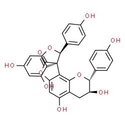 ChemSpider 2D Image | (2S,2'R,3R,3'S)-3',4,5',6-Tetrahydroxy-2,2'-bis(4-hydroxyphenyl)-3',4'-dihydro-2'H-spiro[1-benzofuran-3,9'-furo[2,3-h]chromen]-8'-one | C30H22O10