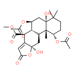 ChemSpider 2D Image | Methyl (1S,4aR,6S,6aR,7S,10aR,11aS,11bS)-1,6-diacetoxy-4a,10a-dihydroxy-4,4,11b-trimethyl-9-oxo-1,2,3,4,4a,5,6,6a,7,9,10a,11,11a,11b-tetradecahydrophenanthro[3,2-b]furan-7-carboxylate | C25H34O10