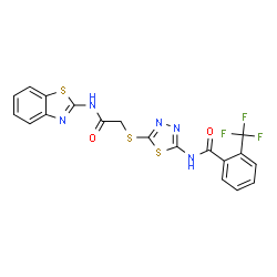 ChemSpider 2D Image | N-(5-{[2-(1,3-Benzothiazol-2-ylamino)-2-oxoethyl]sulfanyl}-1,3,4-thiadiazol-2-yl)-2-(trifluoromethyl)benzamide | C19H12F3N5O2S3