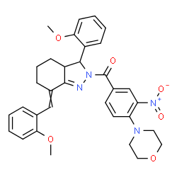 ChemSpider 2D Image | [7-(2-Methoxybenzylidene)-3-(2-methoxyphenyl)-3,3a,4,5,6,7-hexahydro-2H-indazol-2-yl][4-(4-morpholinyl)-3-nitrophenyl]methanone | C33H34N4O6