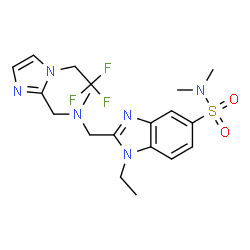 ChemSpider 2D Image | 1-Ethyl-N,N-dimethyl-2-[(methyl{[1-(2,2,2-trifluoroethyl)-1H-imidazol-2-yl]methyl}amino)methyl]-1H-benzimidazole-5-sulfonamide | C19H25F3N6O2S