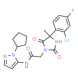 ChemSpider 2D Image | 2-[4-(2-Chloro-4-fluorophenyl)-4-methyl-2,5-dioxo-1-imidazolidinyl]-N-(1-cyclopentyl-1H-pyrazol-5-yl)acetamide | C20H21ClFN5O3