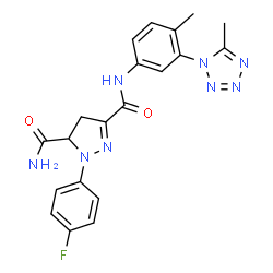 ChemSpider 2D Image | 1-(4-Fluorophenyl)-N~3~-[4-methyl-3-(5-methyl-1H-tetrazol-1-yl)phenyl]-4,5-dihydro-1H-pyrazole-3,5-dicarboxamide | C20H19FN8O2