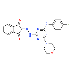 ChemSpider 2D Image | 2-({4-[(4-Fluorophenyl)amino]-6-(4-morpholinyl)-1,3,5-triazin-2-yl}hydrazono)-1H-indene-1,3(2H)-dione | C22H18FN7O3