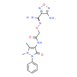 ChemSpider 2D Image | 2-({[Amino(4-amino-1,2,5-oxadiazol-3-yl)methylene]amino}oxy)-N-(1,5-dimethyl-3-oxo-2-phenyl-2,3-dihydro-1H-pyrazol-4-yl)acetamide | C16H18N8O4