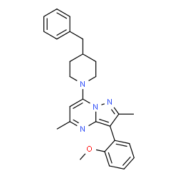 ChemSpider 2D Image | 7-(4-Benzyl-1-piperidinyl)-3-(2-methoxyphenyl)-2,5-dimethylpyrazolo[1,5-a]pyrimidine | C27H30N4O