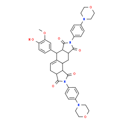 ChemSpider 2D Image | 6-(4-Hydroxy-3-methoxyphenyl)-2,8-bis[4-(4-morpholinyl)phenyl]-3a,4,6,6a,9a,10,10a,10b-octahydroisoindolo[5,6-e]isoindole-1,3,7,9(2H,8H)-tetrone | C41H42N4O8