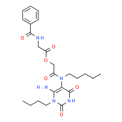 ChemSpider 2D Image | 2-[(6-Amino-1-butyl-2,4-dioxo-1,2,3,4-tetrahydro-5-pyrimidinyl)(pentyl)amino]-2-oxoethyl N-benzoylglycinate | C24H33N5O6