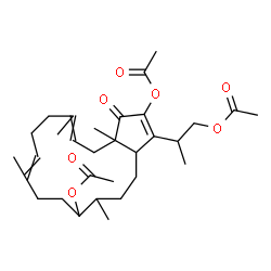 ChemSpider 2D Image | 3-(1-Acetoxy-2-propanyl)-6,10,14,16a-tetramethyl-1-oxo-1,3a,4,5,6,7,8,9,12,13,16,16a-dodecahydrocyclopenta[15]annulene-2,7-diyl diacetate | C31H46O7