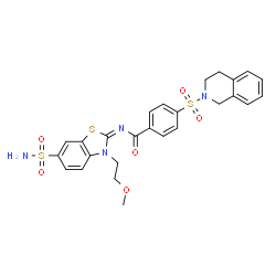 ChemSpider 2D Image | 4-(3,4-Dihydro-2(1H)-isoquinolinylsulfonyl)-N-[(2E)-3-(2-methoxyethyl)-6-sulfamoyl-1,3-benzothiazol-2(3H)-ylidene]benzamide | C26H26N4O6S3