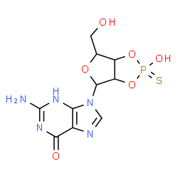 ChemSpider 2D Image | 2-Amino-9-[2-hydroxy-6-(hydroxymethyl)-2-sulfidotetrahydrofuro[3,4-d][1,3,2]dioxaphosphol-4-yl]-3,9-dihydro-6H-purin-6-one | C10H12N5O6PS