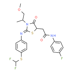 ChemSpider 2D Image | 2-[(2Z)-2-({4-[(Difluoromethyl)sulfanyl]phenyl}imino)-3-(1-methoxy-2-propanyl)-4-oxo-1,3-thiazolidin-5-yl]-N-(4-fluorophenyl)acetamide | C22H22F3N3O3S2
