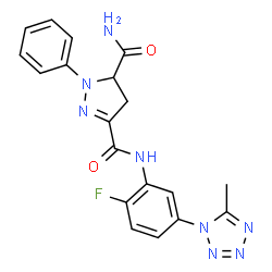 ChemSpider 2D Image | N~3~-[2-Fluoro-5-(5-methyl-1H-tetrazol-1-yl)phenyl]-1-phenyl-4,5-dihydro-1H-pyrazole-3,5-dicarboxamide | C19H17FN8O2
