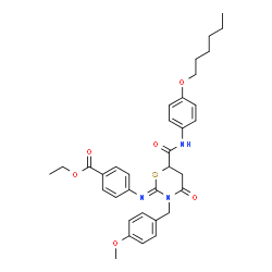 ChemSpider 2D Image | Ethyl 4-{(Z)-[6-{[4-(hexyloxy)phenyl]carbamoyl}-3-(4-methoxybenzyl)-4-oxo-1,3-thiazinan-2-ylidene]amino}benzoate | C34H39N3O6S