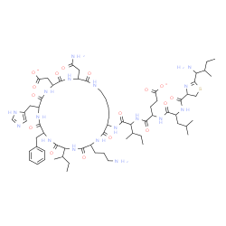 ChemSpider 2D Image | N-{[2-(1-Amino-2-methylbutyl)-4,5-dihydro-1,3-thiazol-4-yl]carbonyl}leucyl-5-oxidanidyl-5-oxidanylidenenorvalyl-N-[3-(2-amino-2-oxoethyl)-18-(3-aminopropyl)-12-benzyl-15-sec-butyl-6-(carboxylatomethyl
)-9-(1H-imidazol-5-ylmethyl)-2,5,8,11,14,17,20-heptaoxo-1,4,7,10,13,16,19-heptaazacyclopentacosan-21-yl]isoleucinamide | C66H101N17O16S
