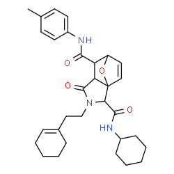 ChemSpider 2D Image | 3-[2-(1-Cyclohexen-1-yl)ethyl]-N~2~-cyclohexyl-N~6~-(4-methylphenyl)-4-oxo-10-oxa-3-azatricyclo[5.2.1.0~1,5~]dec-8-ene-2,6-dicarboxamide | C31H39N3O4