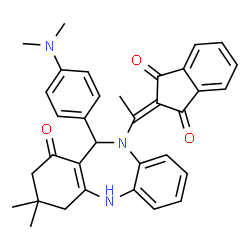 ChemSpider 2D Image | 2-(1-{11-[4-(Dimethylamino)phenyl]-3,3-dimethyl-1-oxo-1,2,3,4,5,11-hexahydro-10H-dibenzo[b,e][1,4]diazepin-10-yl}ethylidene)-1H-indene-1,3(2H)-dione | C34H33N3O3