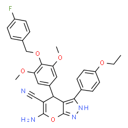 ChemSpider 2D Image | 6-Amino-3-(4-ethoxyphenyl)-4-{4-[(4-fluorobenzyl)oxy]-3,5-dimethoxyphenyl}-2,4-dihydropyrano[2,3-c]pyrazole-5-carbonitrile | C30H27FN4O5