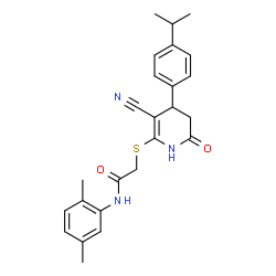 ChemSpider 2D Image | 2-{[3-Cyano-6-hydroxy-4-(4-isopropylphenyl)-4,5-dihydropyridin-2-yl]sulfanyl}-N-(2,5-dimethylphenyl)acetamide | C25H27N3O2S