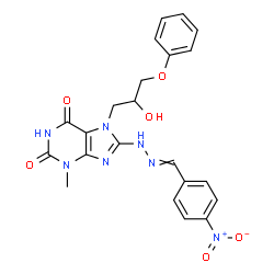 ChemSpider 2D Image | 7-(2-Hydroxy-3-phenoxypropyl)-3-methyl-8-[2-(4-nitrobenzylidene)hydrazino]-3,7-dihydro-1H-purine-2,6-dione | C22H21N7O6