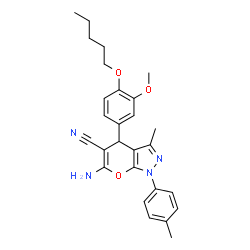ChemSpider 2D Image | 6-Amino-4-[3-methoxy-4-(pentyloxy)phenyl]-3-methyl-1-(4-methylphenyl)-1,4-dihydropyrano[2,3-c]pyrazole-5-carbonitrile | C27H30N4O3