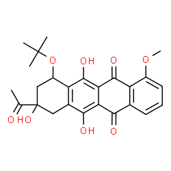 ChemSpider 2D Image | 8-Acetyl-6,8,11-trihydroxy-1-methoxy-10-[(2-methyl-2-propanyl)oxy]-7,8,9,10-tetrahydro-5,12-tetracenedione | C25H26O8