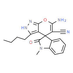ChemSpider 2D Image | 6'-Amino-3'-butyl-1-methyl-2-oxo-1,2-dihydro-2'H-spiro[indole-3,4'-pyrano[2,3-c]pyrazole]-5'-carbonitrile | C19H19N5O2