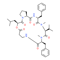 ChemSpider 2D Image | (3S,6S,9S,16S,21aS)-3,9-Dibenzyl-16-isobutyl-6-isopropyl-5,8-dimethyldodecahydropyrrolo[1,2-d][1,4,7,10,13,16]oxapentaazacyclononadecine-1,4,7,10,14,17(11H,16H)-hexone | C39H53N5O7