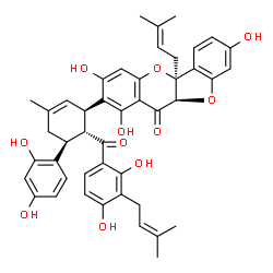 ChemSpider 2D Image | (5aS,10aR)-2-[(1R,5S,6R)-6-[2,4-Dihydroxy-3-(3-methyl-2-buten-1-yl)benzoyl]-5-(2,4-dihydroxyphenyl)-3-methyl-2-cyclohexen-1-yl]-1,3,8-trihydroxy-5a-(3-methyl-2-buten-1-yl)-5a,10a-dihydro-11H-[1]benzof
uro[3,2-b]chromen-11-one | C45H44O11