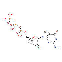 ChemSpider 2D Image | 2-Amino-9-(2,5-anhydro-4-{[(hydroxy{[hydroxy(phosphonooxy)phosphoryl]oxy}phosphoryl)oxy]methyl}-alpha-L-lyxofuranosyl)-1,9-dihydro-6H-purin-6-one | C11H16N5O14P3