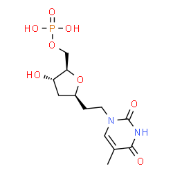 ChemSpider 2D Image | (6R)-3,6-Anhydro-1,2,4-trideoxy-1-(5-methyl-2,4-dioxo-3,4-dihydro-1(2H)-pyrimidinyl)-6-[(phosphonooxy)methyl]-D-erythro-hexitol | C12H19N2O8P
