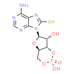 ChemSpider 2D Image | (4aR,6R,7R,7aS)-6-(6-Amino-8-sulfanyl-9H-purin-9-yl)tetrahydro-4H-furo[3,2-d][1,3,2]dioxaphosphinine-2,7-diol 2-oxide | C10H12N5O6PS