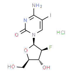 ChemSpider 2D Image | 4-Amino-1-(2-deoxy-2-fluoro-beta-D-arabinofuranosyl)-5-iodo-2(1H)-pyrimidinone hydrochloride (1:1) | C9H12ClFIN3O4
