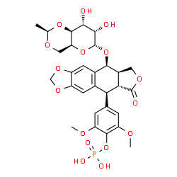 ChemSpider 2D Image | 4-[(5S,5aR,8aR,9S)-9-({4,6-O-[(1R)-Ethylidene]-alpha-L-gulopyranosyl}oxy)-6-oxo-5,5a,6,8,8a,9-hexahydrofuro[3',4':6,7]naphtho[2,3-d][1,3]dioxol-5-yl]-2,6-dimethoxyphenyl dihydrogen phosphate | C29H33O16P