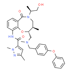 ChemSpider 2D Image | N-[(2R,3R)-5-[(2S)-1-hydroxypropan-2-yl]-3-methyl-2-[[methyl-[(4-phenoxyphenyl)methyl]amino]methyl]-6-oxo-3,4-dihydro-2H-1,5-benzoxazocin-10-yl]-2,5-dimethyl-3-pyrazolecarboxamide | C35H41N5O5