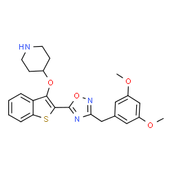 ChemSpider 2D Image | 4-({2-[3-(3,5-Dimethoxybenzyl)-1,2,4-oxadiazol-5-yl]-1-benzothiophen-3-yl}oxy)piperidine | C24H25N3O4S