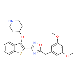ChemSpider 2D Image | 4-({2-[5-(3,5-Dimethoxybenzyl)-1,2,4-oxadiazol-3-yl]-1-benzothiophen-3-yl}oxy)piperidine | C24H25N3O4S
