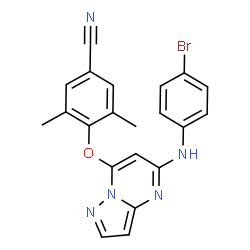 ChemSpider 2D Image | 4-({5-[(4-Bromophenyl)amino]pyrazolo[1,5-a]pyrimidin-7-yl}oxy)-3,5-dimethylbenzonitrile | C21H16BrN5O