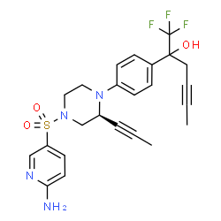 ChemSpider 2D Image | 2-{4-[(2S)-4-[(6-Amino-3-pyridinyl)sulfonyl]-2-(1-propyn-1-yl)-1-piperazinyl]phenyl}-1,1,1-trifluoro-4-hexyn-2-ol | C24H25F3N4O3S