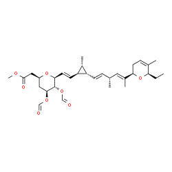 ChemSpider 2D Image | (1S,5S)-1,5-Anhydro-2-deoxy-5-{(E)-2-[(1S,2S,3R)-2-{(1E,3R,4E)-5-[(2R,6R)-6-ethyl-5-methyl-3,6-dihydro-2H-pyran-2-yl]-3-methyl-1,4-hexadien-1-yl}-3-methylcyclopropyl]vinyl}-3,4-di-O-formyl-1-(2-methox
y-2-oxoethyl)-L-threo-pentitol | C31H44O8