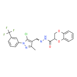 ChemSpider 2D Image | N'-({5-Chloro-3-methyl-1-[3-(trifluoromethyl)phenyl]-1H-pyrazol-4-yl}methylene)-2,3-dihydro-1,4-benzodioxine-2-carbohydrazide | C21H16ClF3N4O3