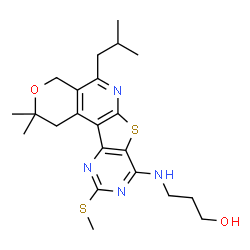 ChemSpider 2D Image | 3-{[5-Isobutyl-2,2-dimethyl-10-(methylsulfanyl)-1,4-dihydro-2H-pyrano[4'',3'':4',5']pyrido[3',2':4,5]thieno[3,2-d]pyrimidin-8-yl]amino}-1-propanol | C22H30N4O2S2