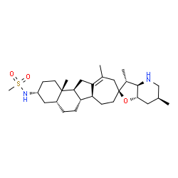 ChemSpider 2D Image | N-[(2S,3R,3'R,3aR,4a'R,6S,6a'R,6b'S,7aS,12a'S,12b'S)-3,6,11',12b'-Tetramethyl-2',3',3a,4,4',4a',5,5',6,6',6a',6b',7,7',7a,8',10',12',12a',12b'-icosahydro-1'H,3H-spiro[furo[3,2-b]pyridine-2,9'-naphtho[
2,1-a]azulen]-3'-yl]methanesulfonamide | C29H48N2O3S