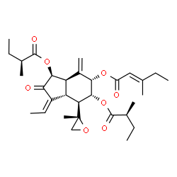 ChemSpider 2D Image | (1Z,3S,3aR,5S,6R,7S,7aR)-1-Ethylidene-3,6-bis{[(2S)-2-methylbutanoyl]oxy}-4-methylene-7-[(2S)-2-methyl-2-oxiranyl]-2-oxooctahydro-1H-inden-5-yl (2E)-3-methyl-2-pentenoate | C31H44O8