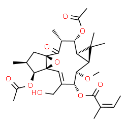 ChemSpider 2D Image | (1R,3R,4R,5R,7S,8R,9R,10E,12S,13S,14S)-4,13-Diacetoxy-10-(hydroxymethyl)-8-methoxy-3,6,6,14-tetramethyl-2-oxo-16-oxatetracyclo[10.3.1.0~1,12~.0~5,7~]hexadec-10-en-9-yl (2Z)-2-methyl-2-butenoate | C30H42O10