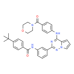 ChemSpider 2D Image | 4-(2-Methyl-2-propanyl)-N-[3-(4-{[4-(4-morpholinylcarbonyl)phenyl]amino}pyrrolo[2,1-f][1,2,4]triazin-2-yl)phenyl]benzamide | C34H34N6O3