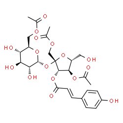 ChemSpider 2D Image | 1,4-Di-O-acetyl-3-O-[(2E)-3-(4-hydroxyphenyl)-2-propenoyl]-beta-D-fructofuranosyl 6-O-acetyl-alpha-D-glucopyranoside | C27H34O16