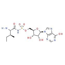 ChemSpider 2D Image | [(2R,3S,4R,5R)-3,4-Dihydroxy-5-(6-hydroxy-9H-purin-9-yl)tetrahydro-2-furanyl]methyl [(2S,3S)-2-amino-3-methylpentanoyl]sulfamate (non-preferred name) | C16H24N6O8S