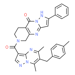 ChemSpider 2D Image | 6-{[5,7-Dimethyl-6-(4-methylbenzyl)pyrazolo[1,5-a]pyrimidin-3-yl]carbonyl}-2-phenyl-5,6,7,8-tetrahydropyrazolo[1,5-a]pyrido[3,4-d]pyrimidin-9(1H)-one | C32H29N7O2